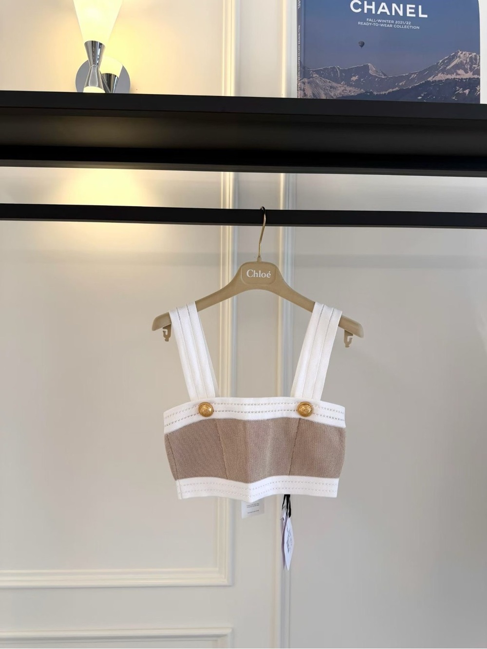 Balmain Beige and White Cropped Knit Bustier Top